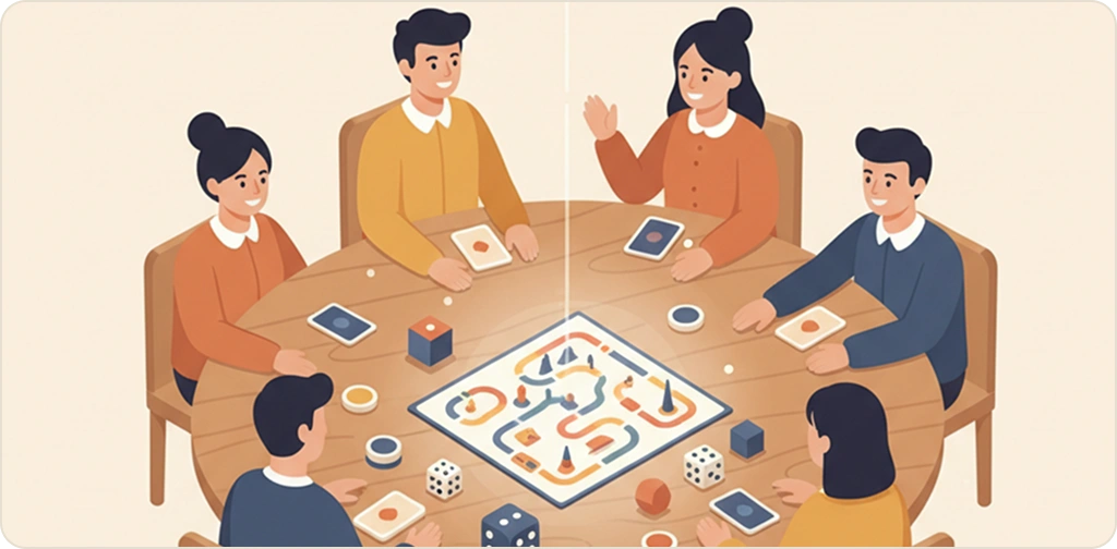 Ilustração de uma comunidade de jogadores reunida à volta de uma mesa para jogar jogos de tabuleiro no clube Balazips.